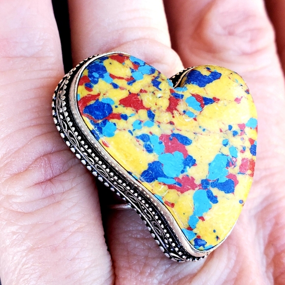 New Heart Shaped Mosaic Balloon Jasper 925 Silver Ring. - Picture 10 of 10